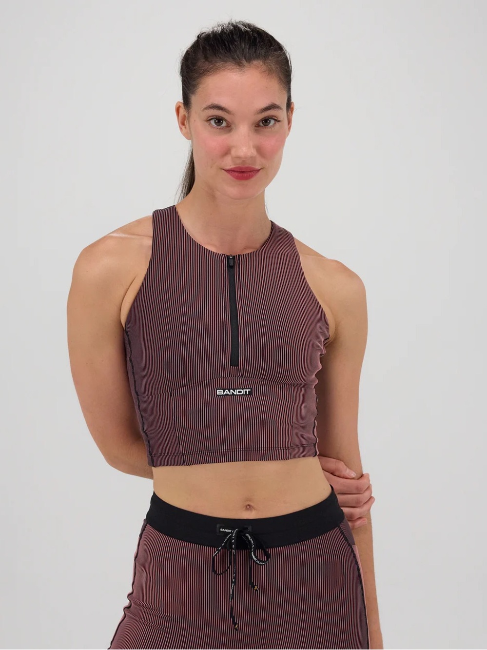 Bandit STRIPED CADENCE ZIP FRONT RACE CROP - BLACK / MAUVE